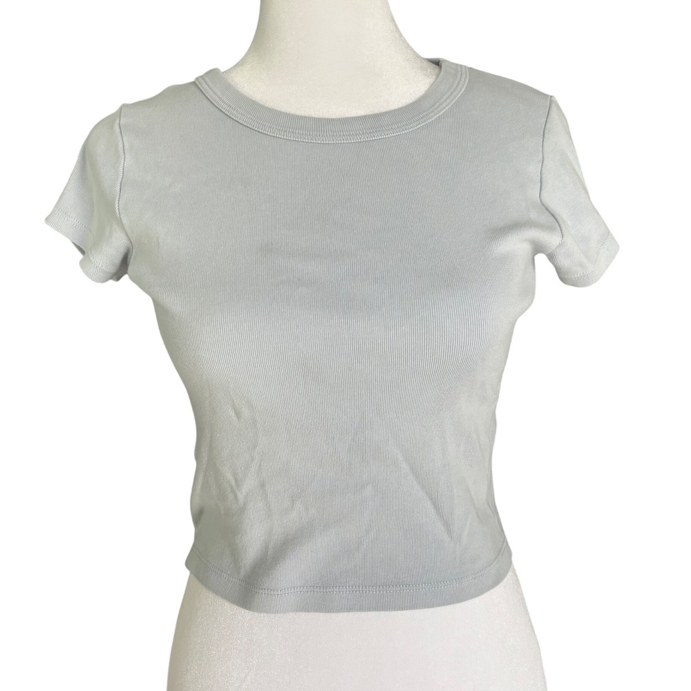 Brandy Melville Ribbed Baby Tee Light Blue Grey Short Sleeve Crop Top One Size